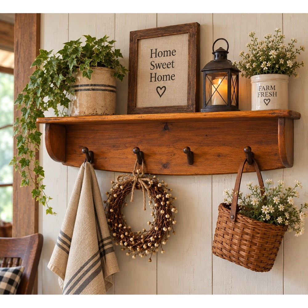 Vtg Wood Wall Shelf Vintage Farmhouse Rustic Peg Coat Rack Hanger Brown